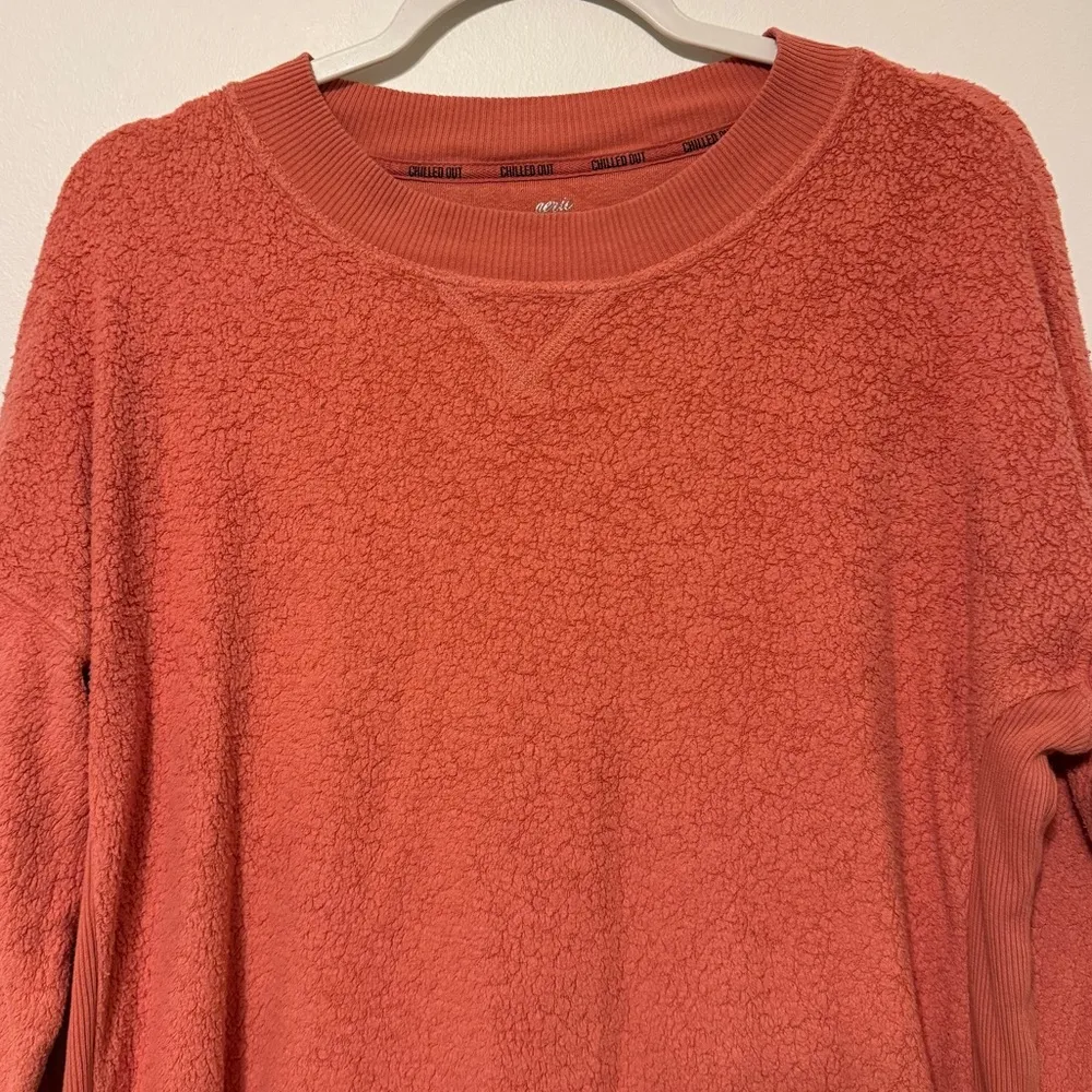 Aerie Chilled Out Crewneck Sweater Size Small Orange Fuzzy Terry - Image 4