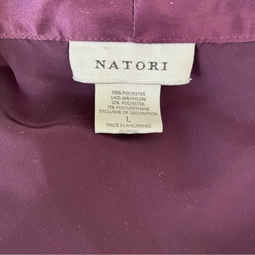 Natori Women's Purple Satin Kimono Robe w Lace Cuffs Belted Knee Length Large - Image 5