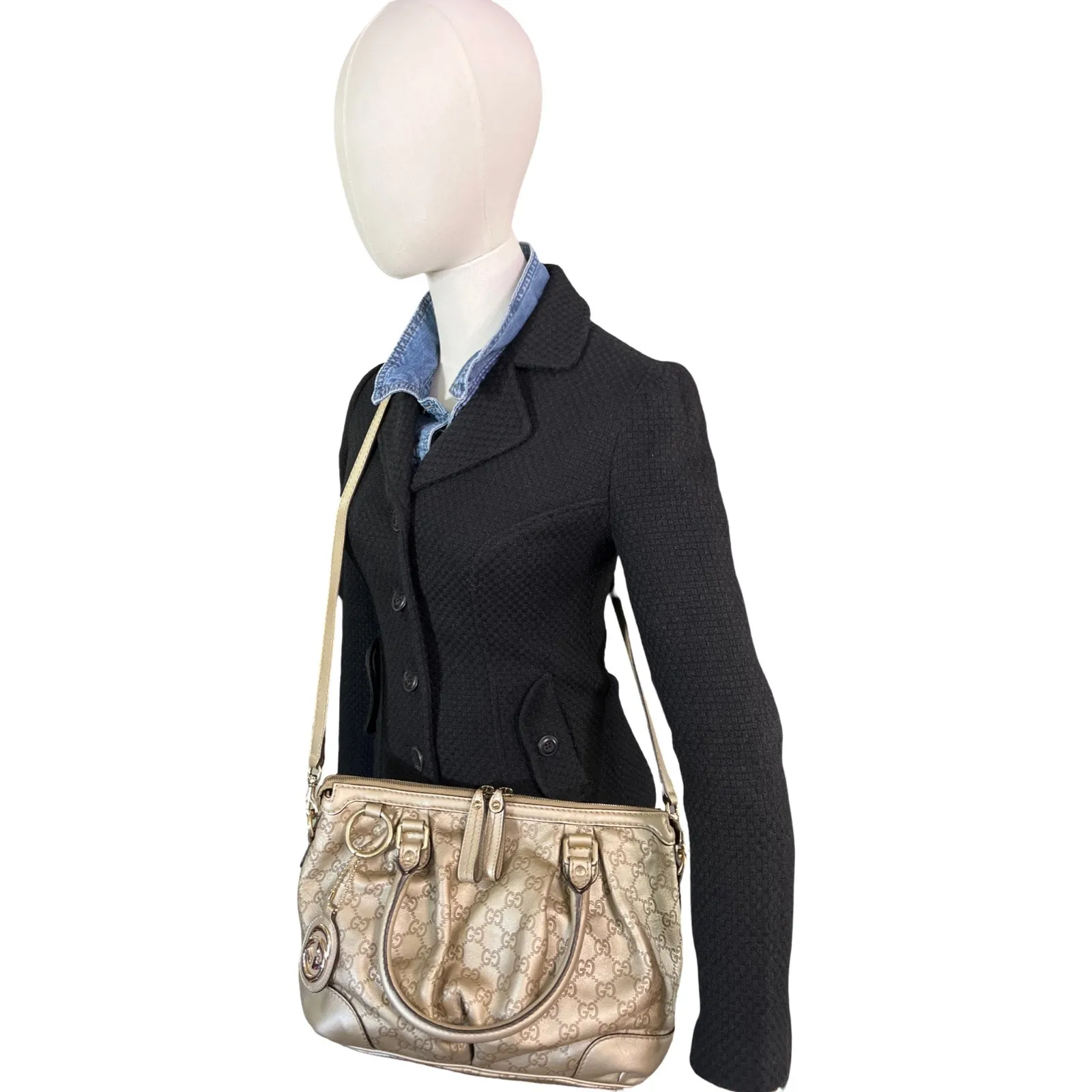 GUCCI Gold Metallic Leather GG Sukey Satchel Shoulder Crossbody Made In Italy - Image 5