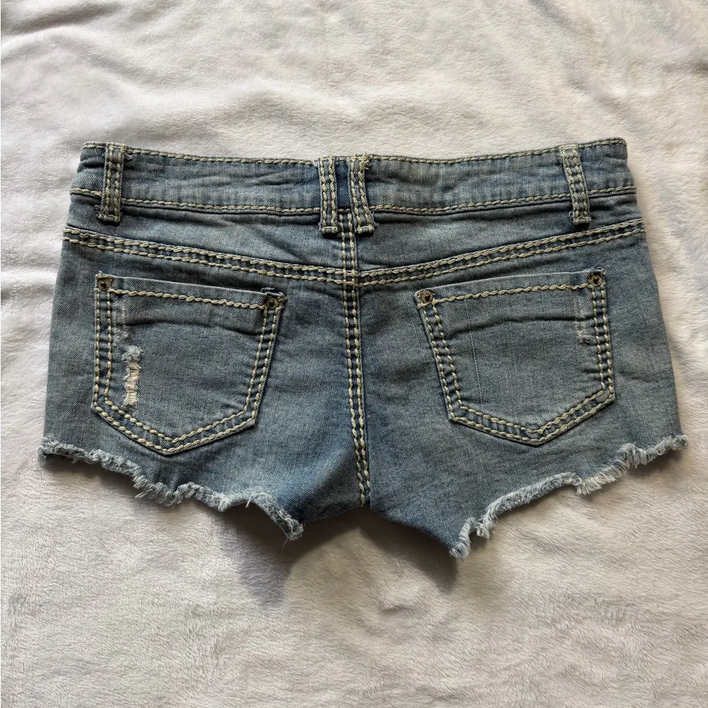 Wet Seal Sz 9 Blue Cut-Off Jean Shorts Low Rise Stretch Y2K - Image 3