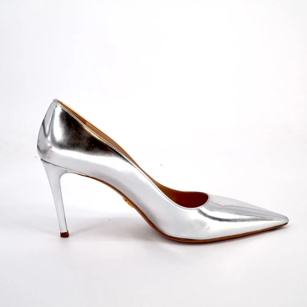 PRADA Silver Metallic Pointed Toe Pumps Stiletto High Heels Leather Size 39 - Image 5