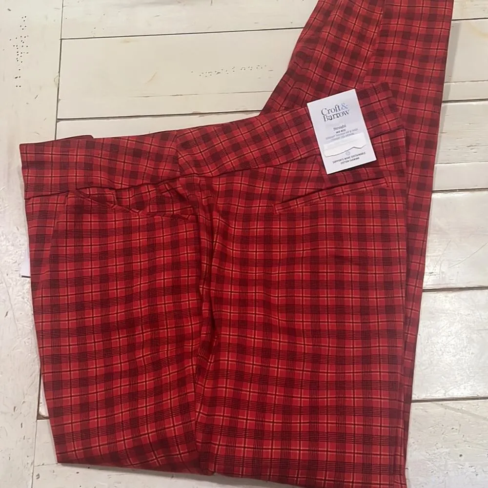 Croft & Barrow Pull On Stretch Pants Straight Fit 22W LONG Red Plaid Valentines - Image 3
