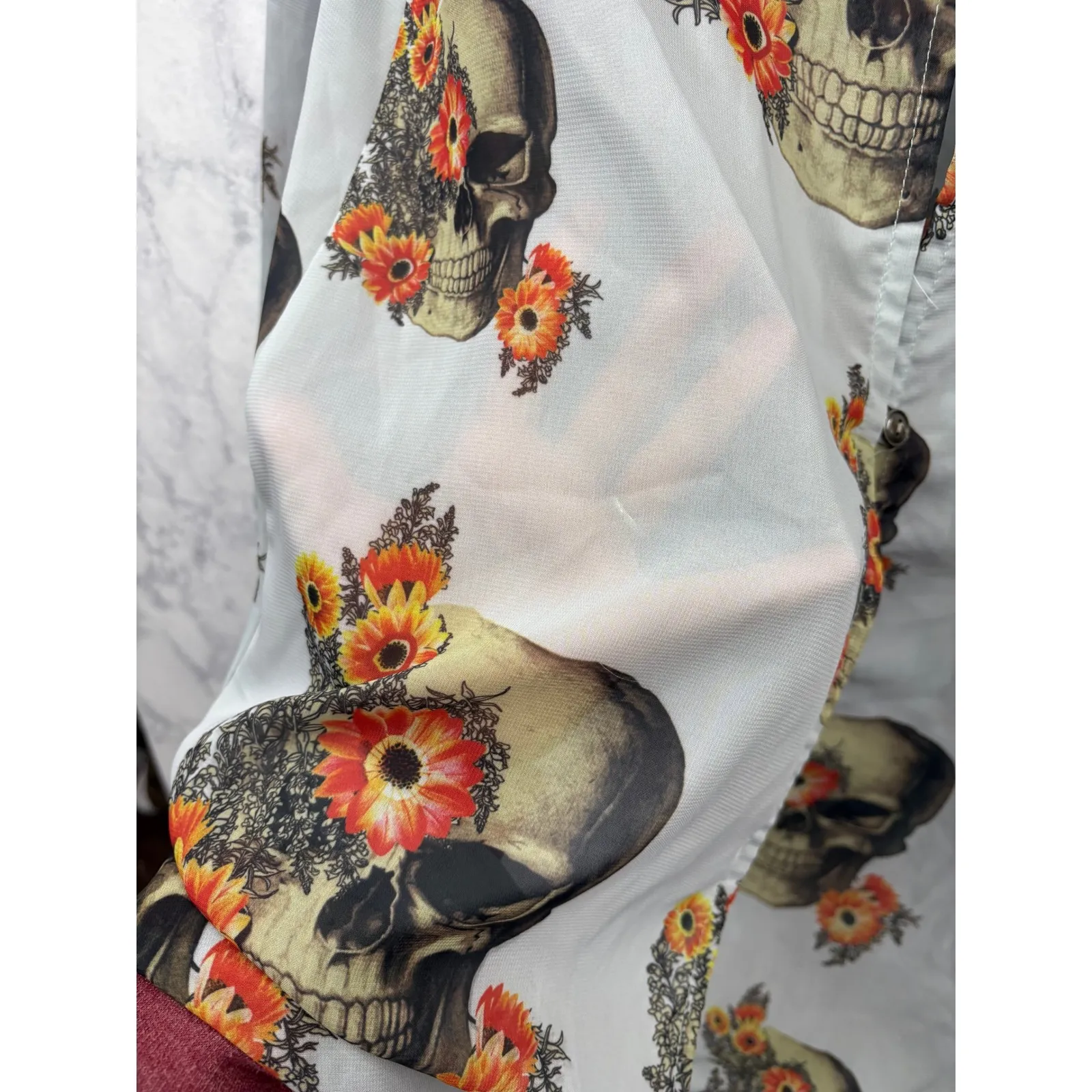 Mono B Women's Skull Floral Print High Low Top Blouse Shirt Sheer Open‎ Back S Tan - Image 7