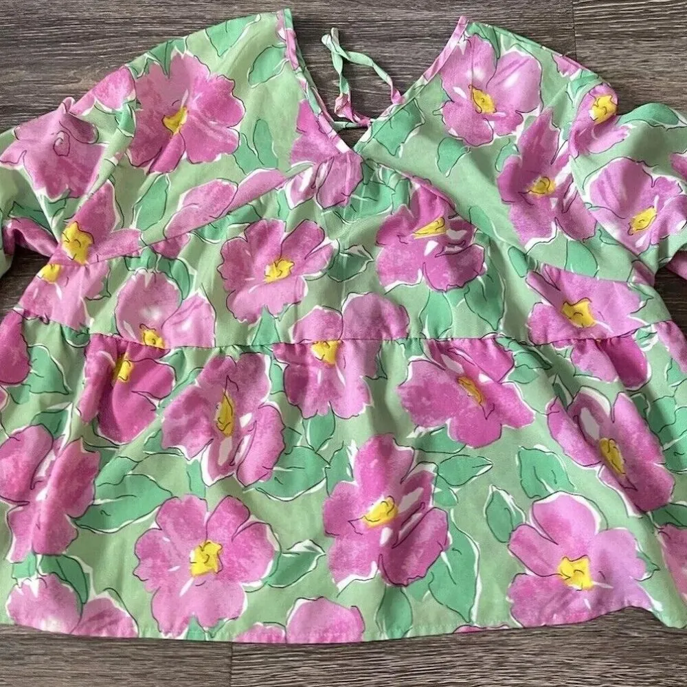 Vintage 90s Blouse Green Pink V Neck Abstract Print Tie at Side Waist Size L Size L - Image 2