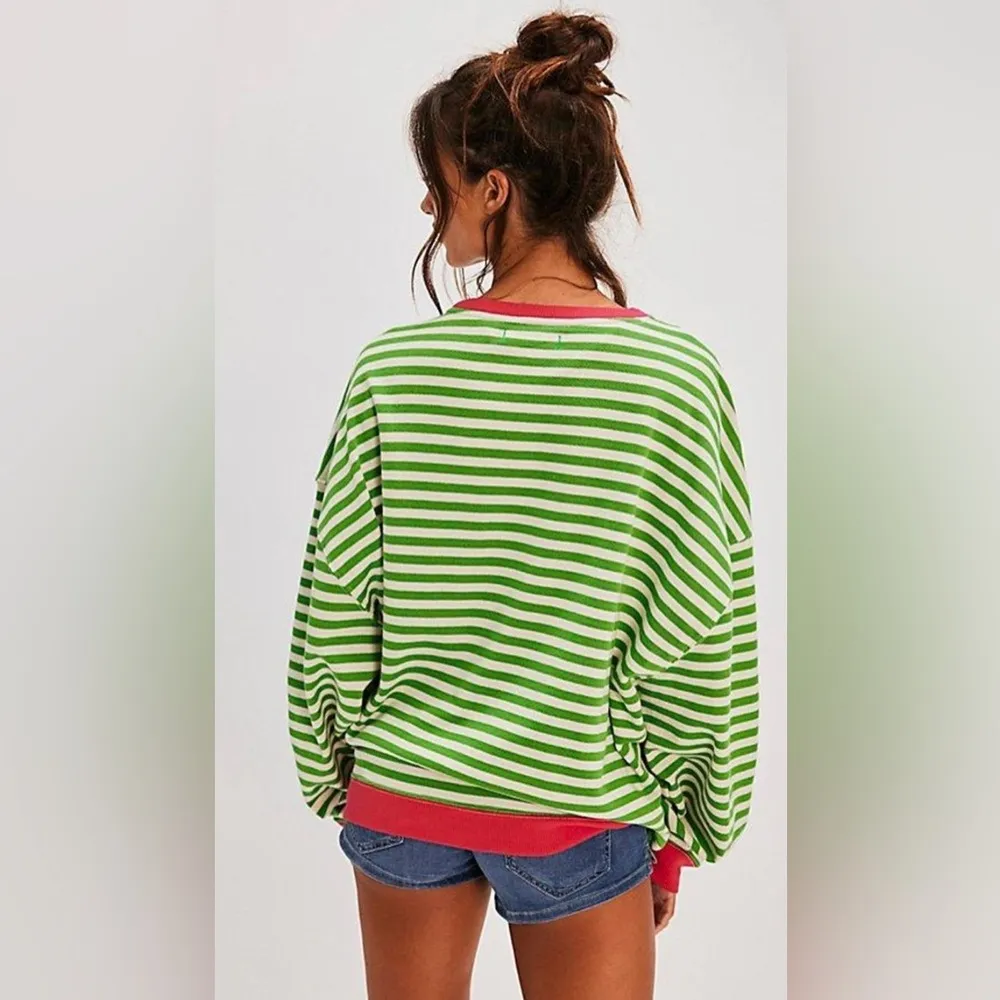 NEW Free People Oversized Striped Crew~Pink Clover~pink/green/white~small~HTF! - Image 3