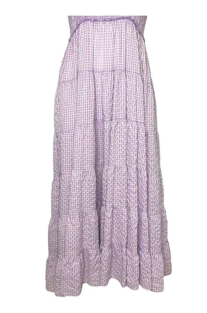 Womens Purple Gingham Tie Shoulder Tiered Maxi Dress Size S Spring Summer Beach - Image 9