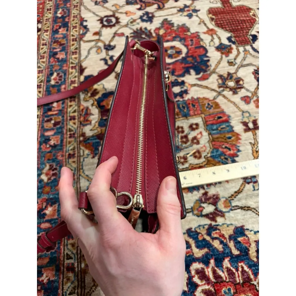 Michael Kors Hamilton Small Satchel Crossbody Logo Canvas Burgundy Leather flaw - Image 9