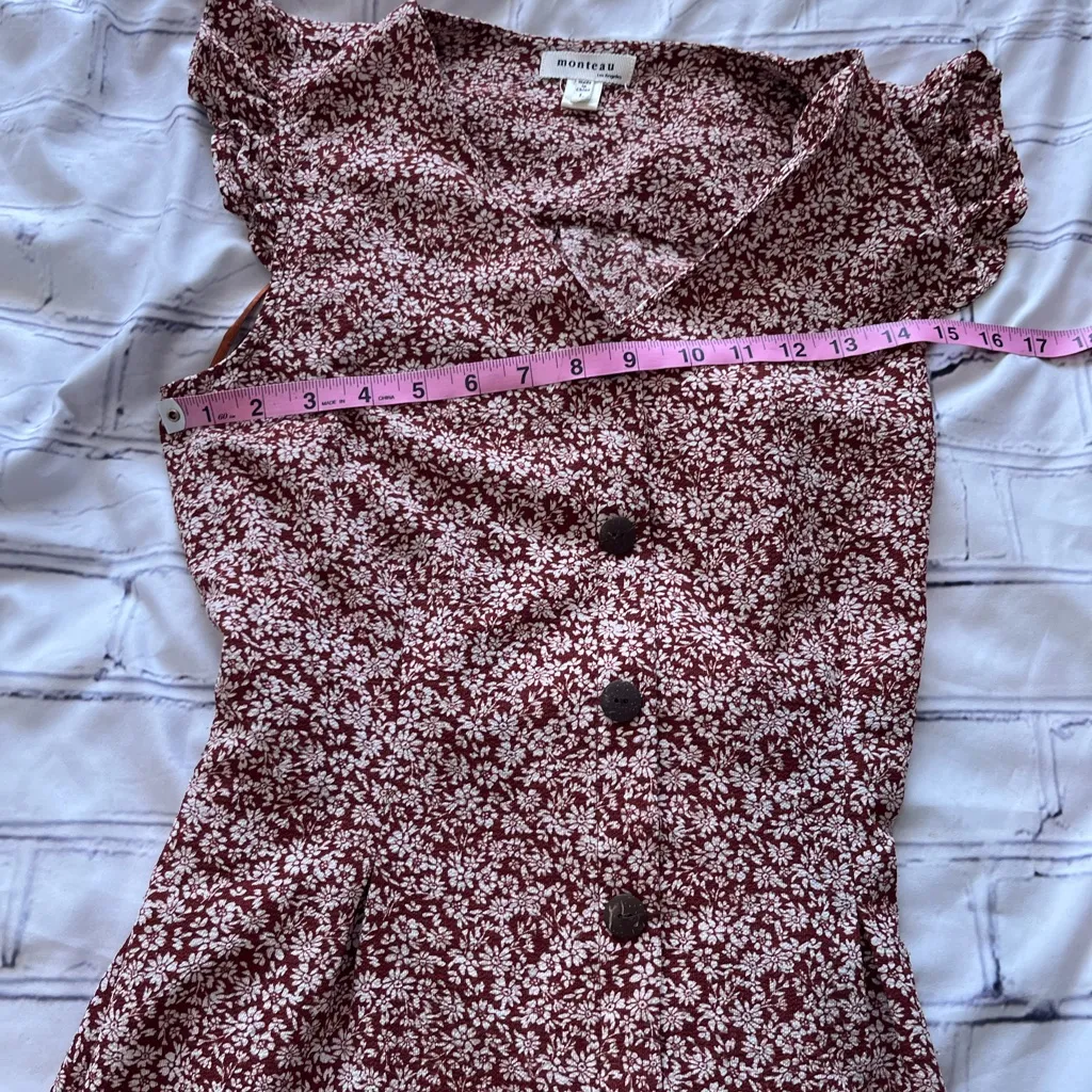 Y2K Monteau Burgundy Ditsy Floral Button Front Mini Dress Women’s Large Ruffle - Image 11