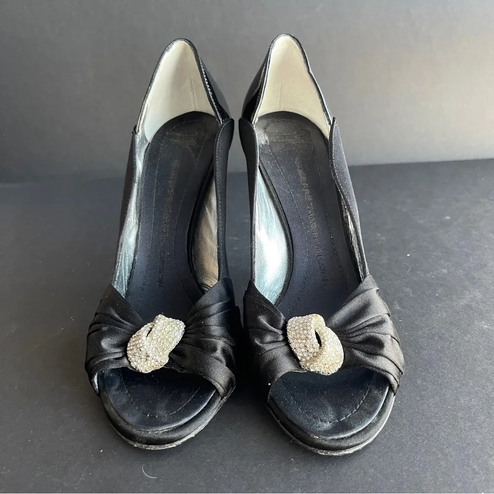 GIUSEPPE ZANOTTI | Black Satin Crystal Knot Peep Toe Heels Sz 37.5 - Image 5