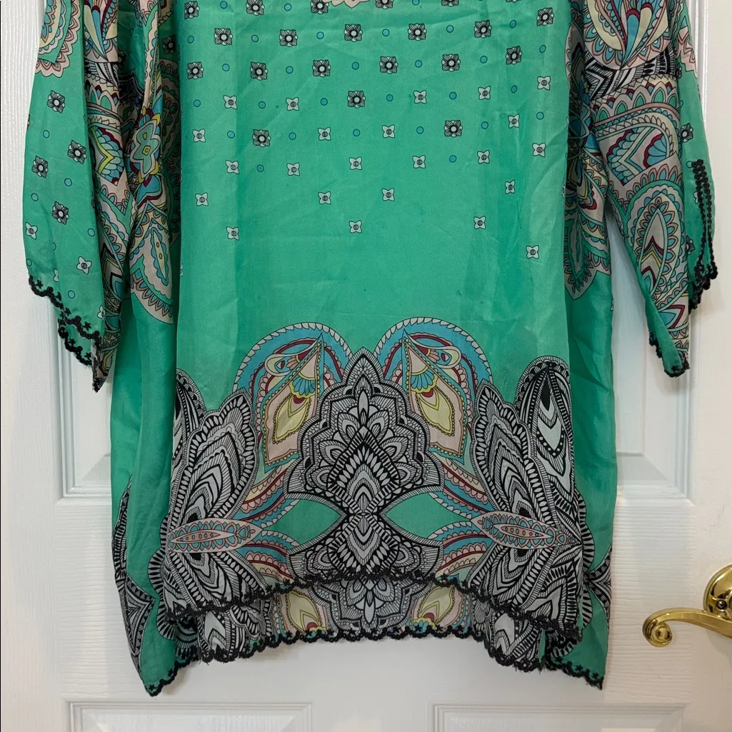 Johnny Was Green Silk Printed Tunic Blouse Size XXL - Image 8