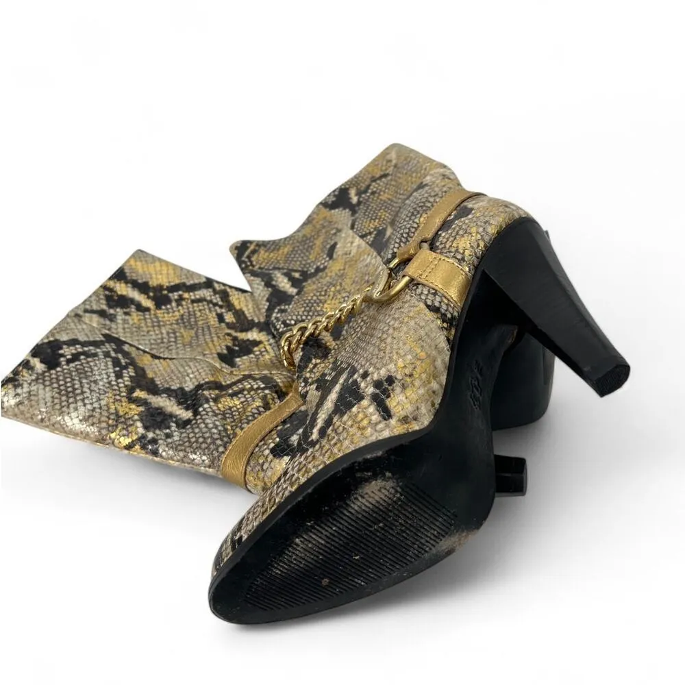 MK Michael Kors 7 Tall Heeled Ankle Boots Booties Snake Skin Gold Chain Metallic - Image 3