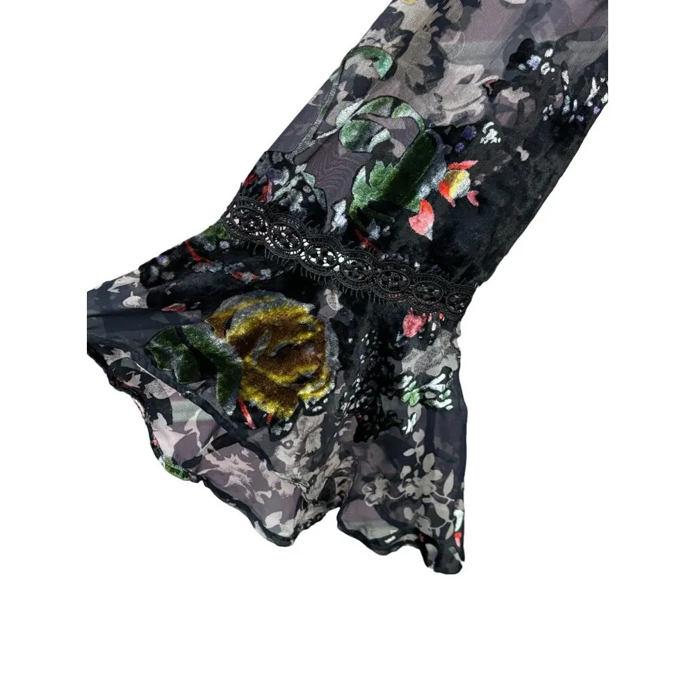 Velvet Burnout Dress Floral Bell Sleeve Sz: M Whimsy Goth Fairy Cottage Bronte Size M - Image 6