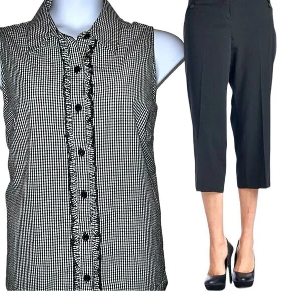 CJ Banks cute sleeveless black and white checkered top with ruffle up front! - Image 2