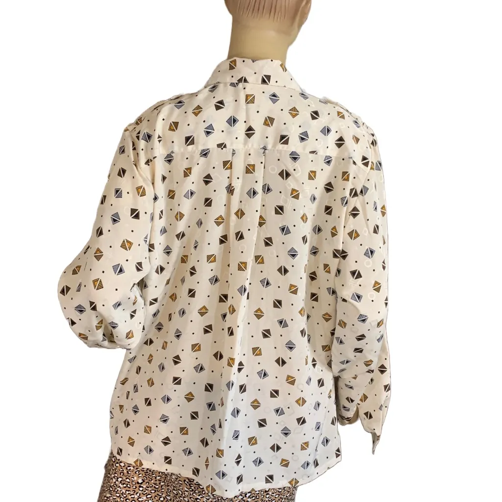 VINTAGE 1980'S KORET CAREER CREAM, YELLOW & GRAY PRINT BLOUSE (18) - Image 3