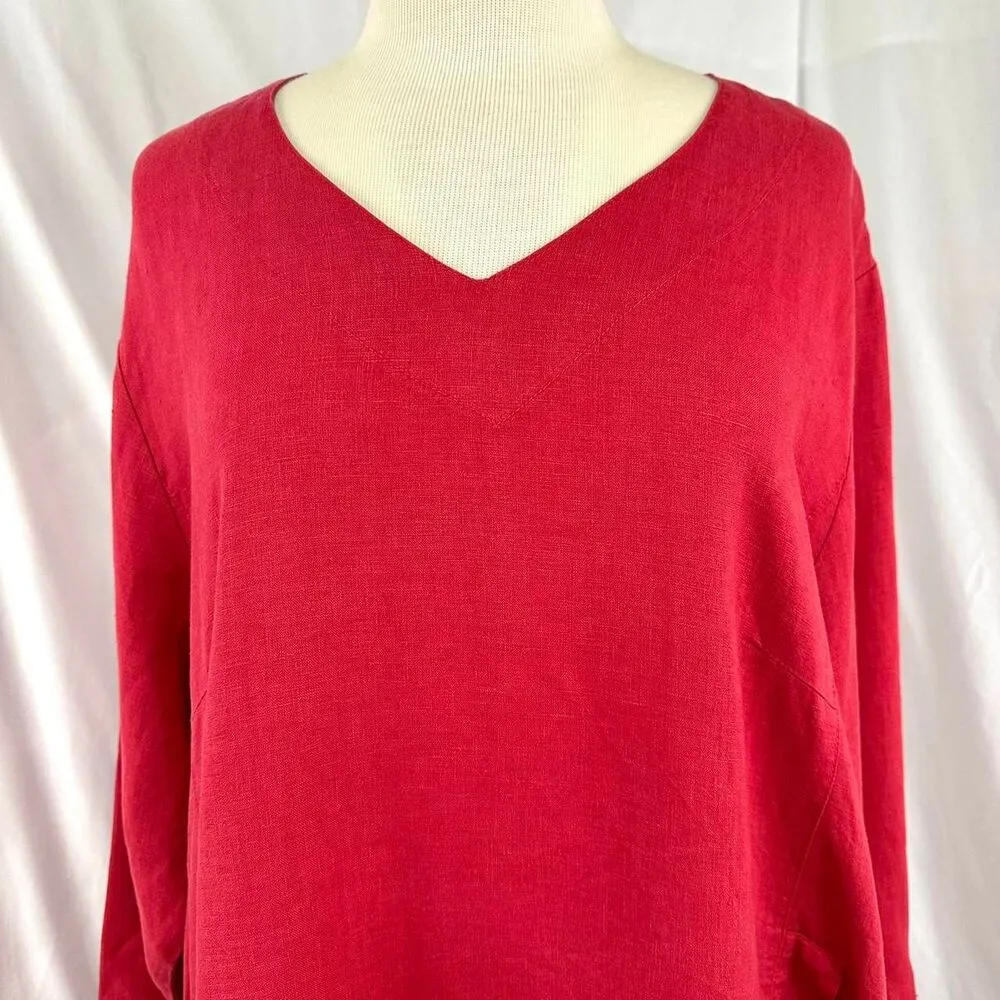 Mosaic USA Red 100% Linen V Neck Oversized Tunic Pockets Side Slits Womens L 90s Size L - Image 2