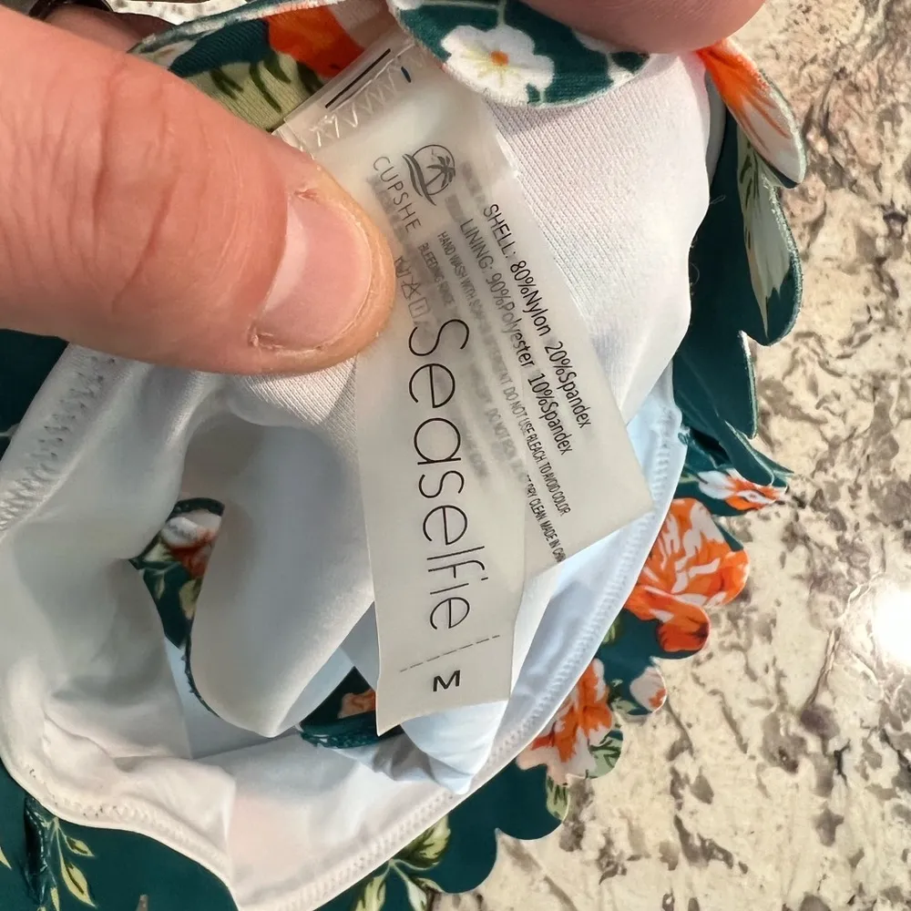 Seaselfie Cupshe Scalloped Teal floral high neck bikini swimsuit Size Medium - Image 4