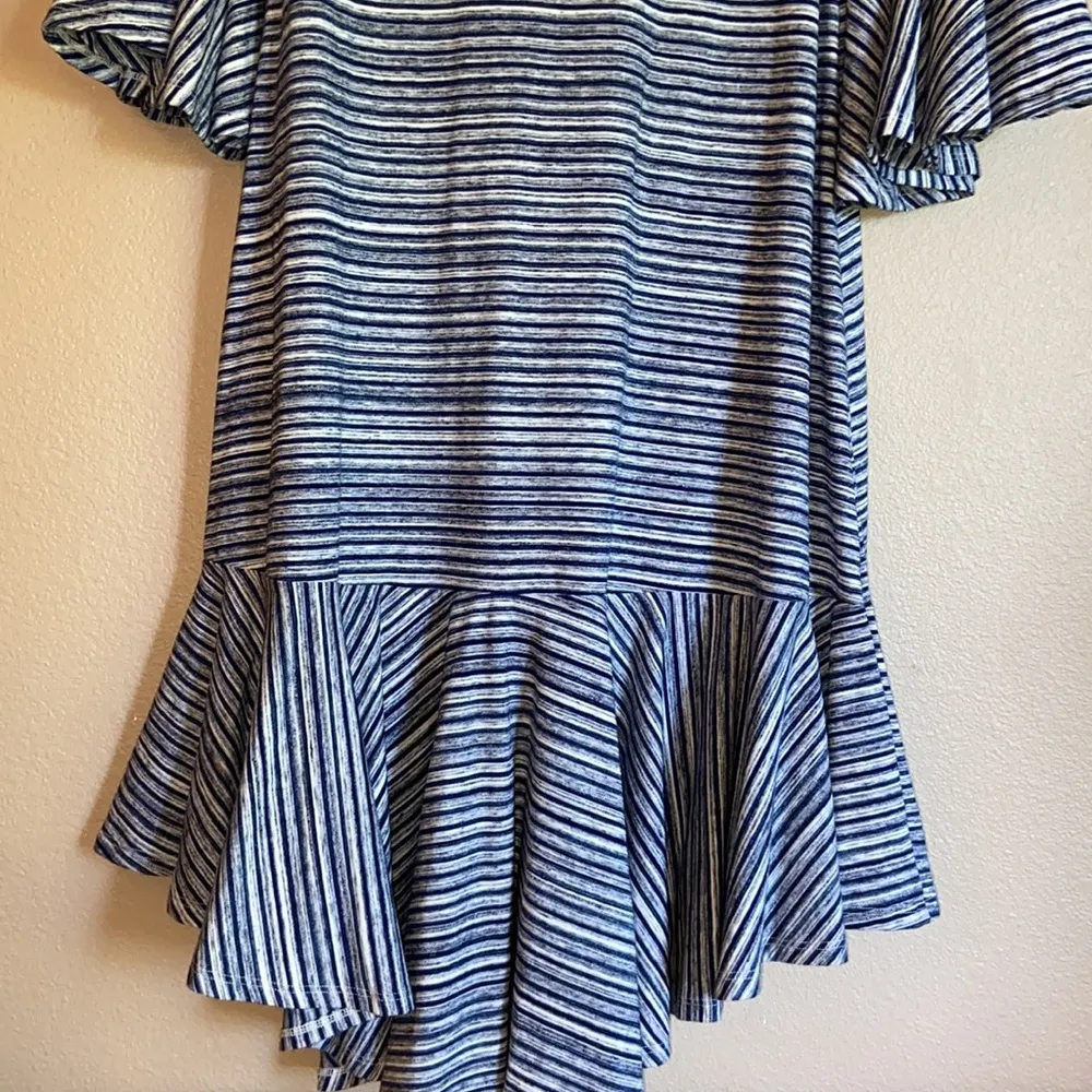 LULAROE Maurine Dress XS S M 4 6 8 I0 Denim Blue Stripe Elbow Bell Sleeve Ruffle - Image 11