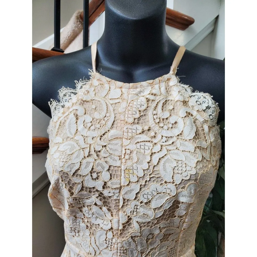 Dress Forum Ivory Lace Scalloped High Neck Midi Criss Cross Back Dress Size S - Image 6