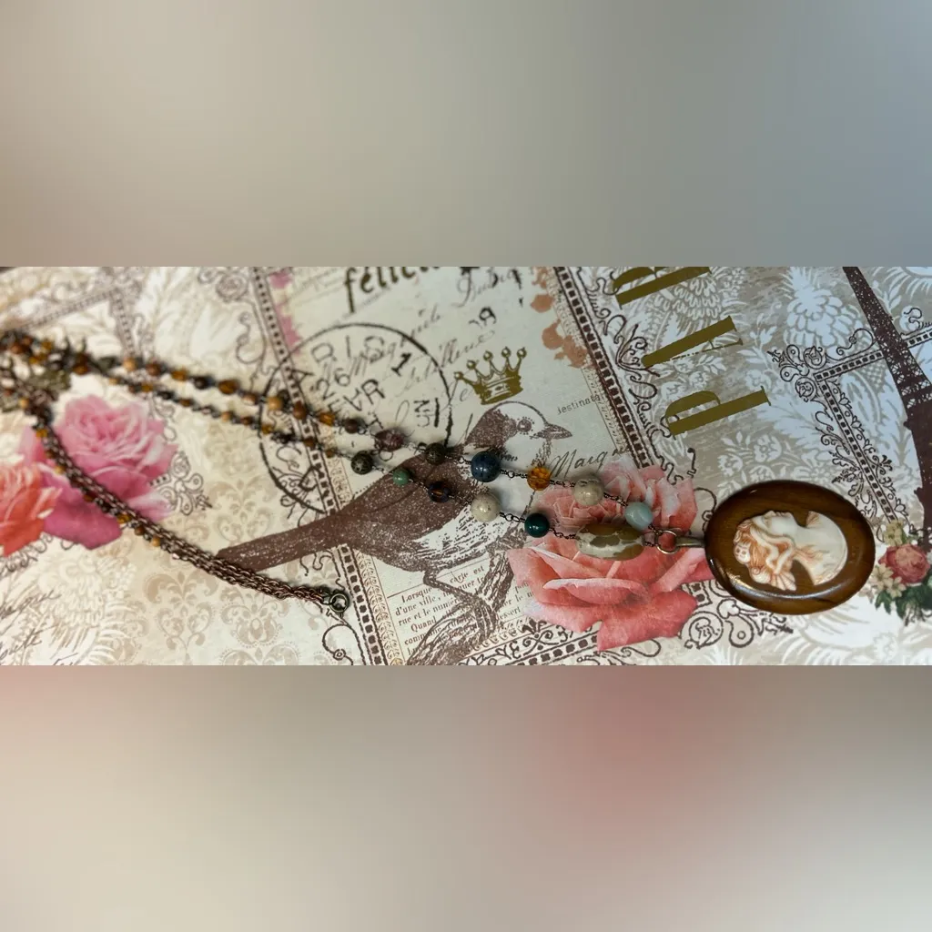 Hand Crafted Vintage Wood Came Necklace with pearls and gem beads Brown - Image 4