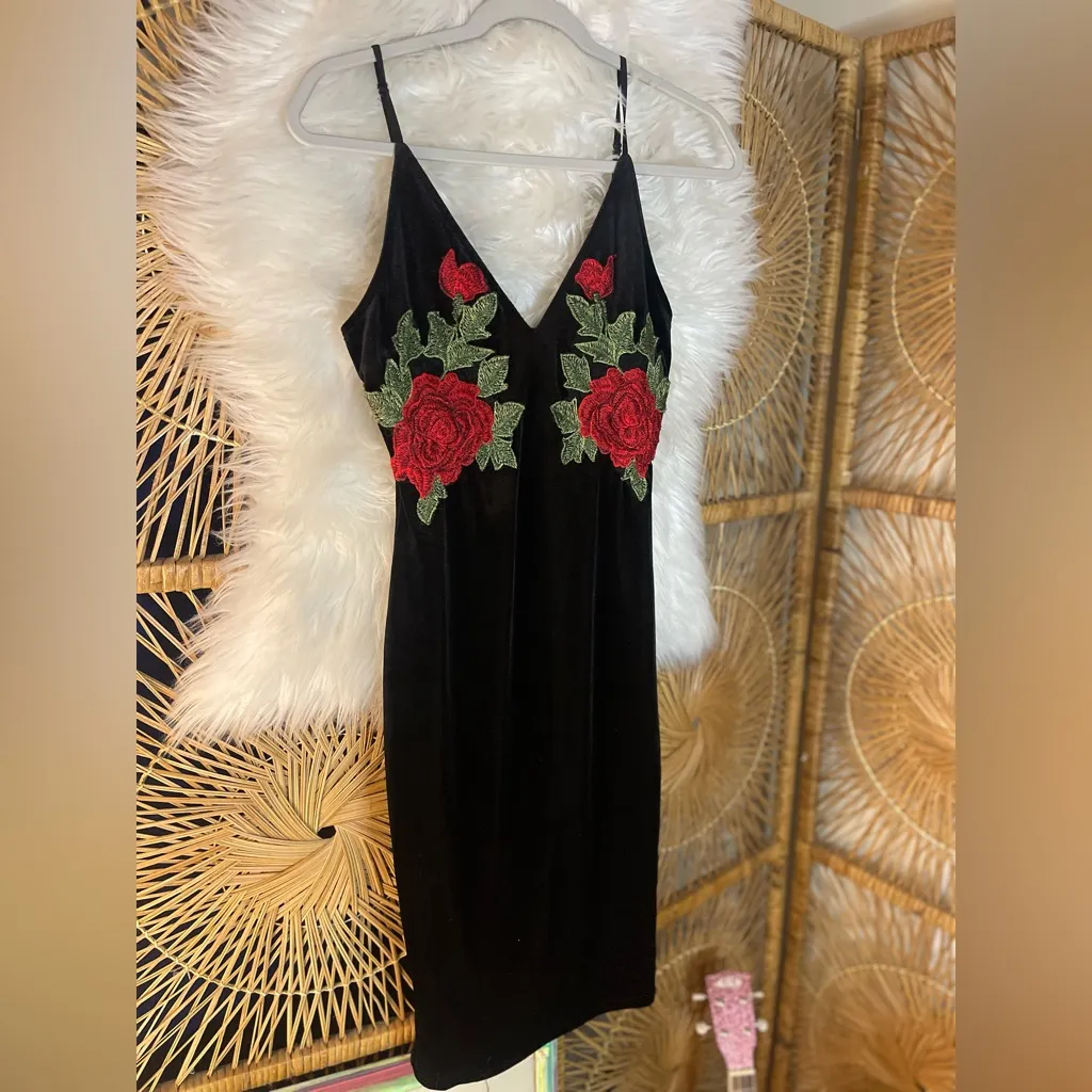 Black Velvet Bodycon V Neck Spaghetti Strap Dress w Red Floral Embroidery 🌹Goth - Image 3