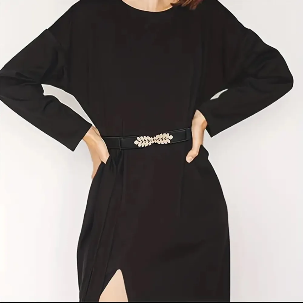 Black Elegant Gold Leaf Buckle Elastic Casual Belt Adjustable One - Image 4