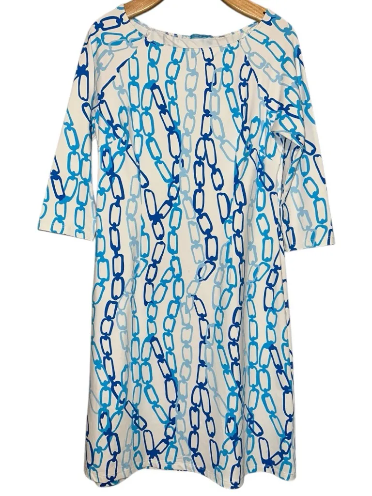 J. McLaughlin Women’s Size S White Blue Chain Link Catalina 3/4 Sleeve Dress - Image 1
