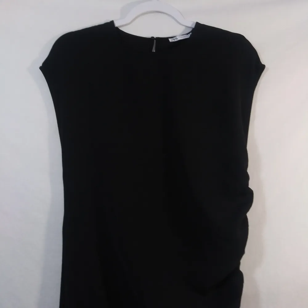 ZARA Black Gathered Side Ruched Midi Dress Size M - Image 3