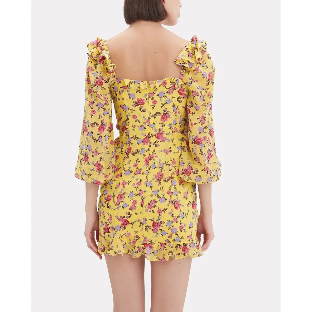 For Love & Lemons Beaumont Yellow Floral Silk Ruched Tie Mini Dress Size Medium - Image 2