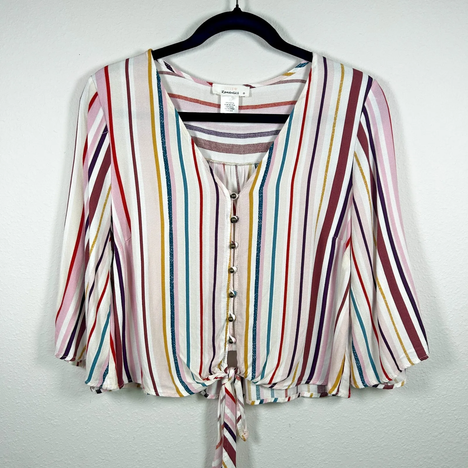 Urban Romantics Women's Striped Tie Front Crop Top Size M Multicolor Button Down - Image 1