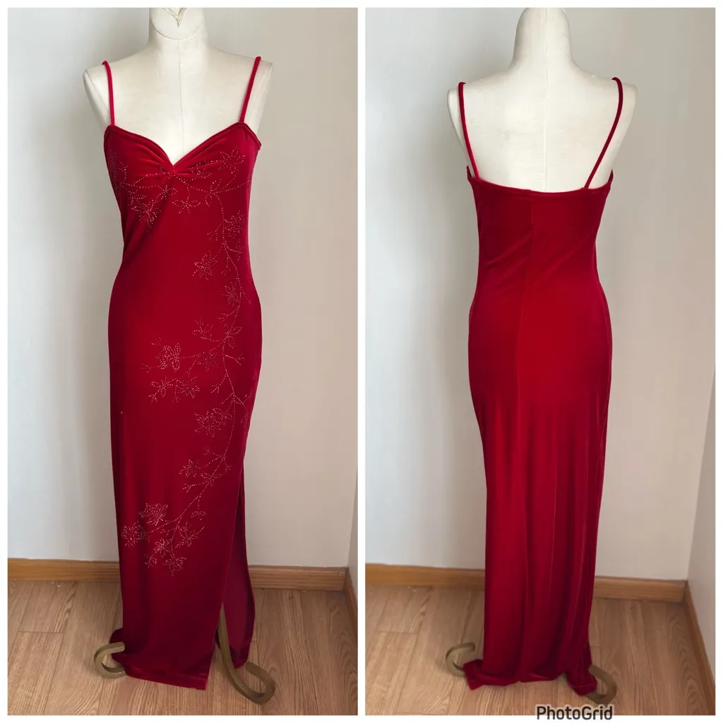Vintage All That Jazz Red Velvet Rhinestone Maxi Dress 90s Y2K - Image 2