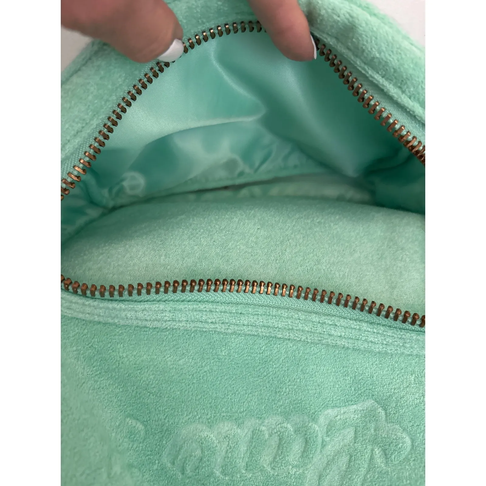 Stoney Clover Lane Velour Backpack Mint Green Gold Zipper Embellished - Image 9