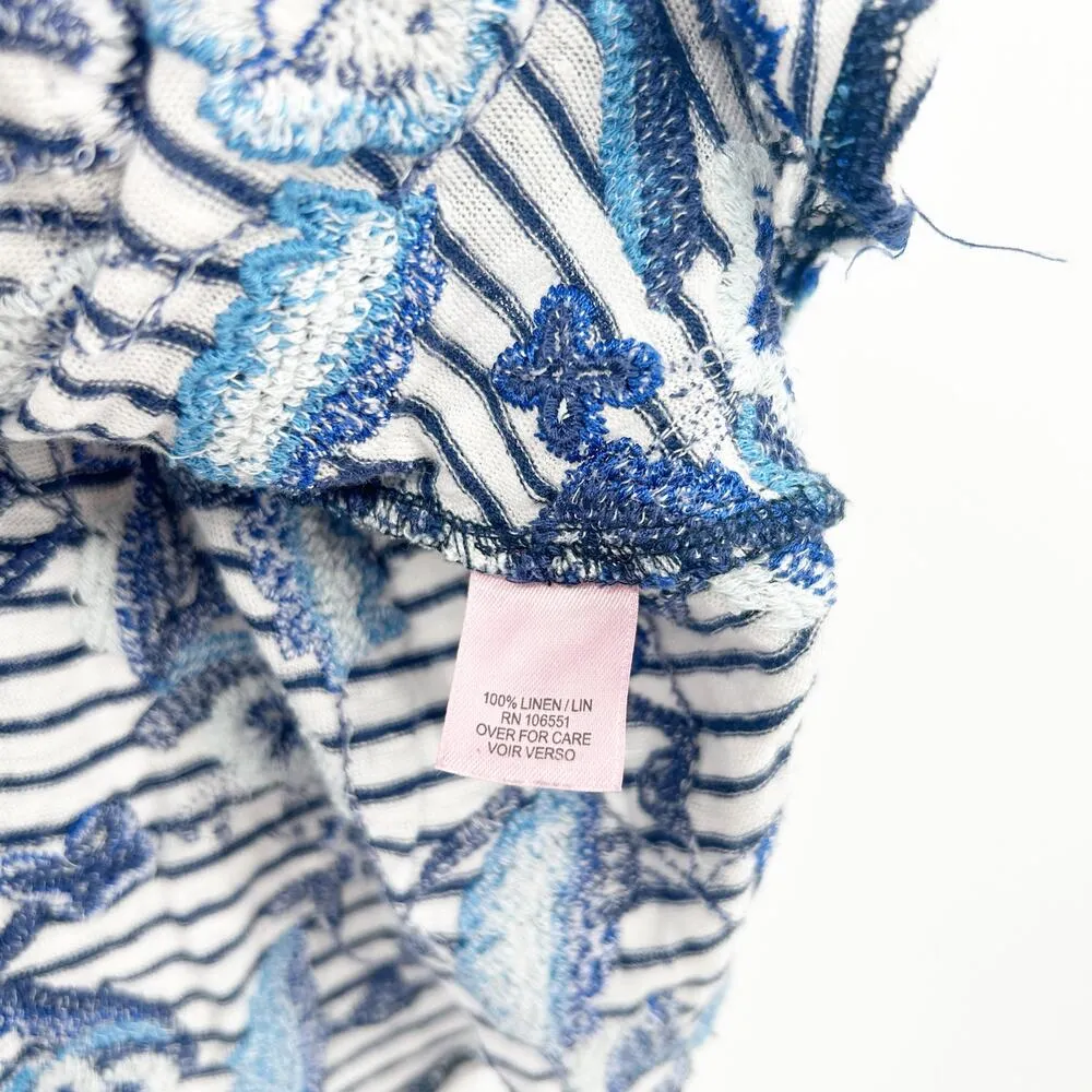 Calypso St Barth Beachy Coastal Striped Embroidered Floral 100% Linen Tank Top L - Image 6