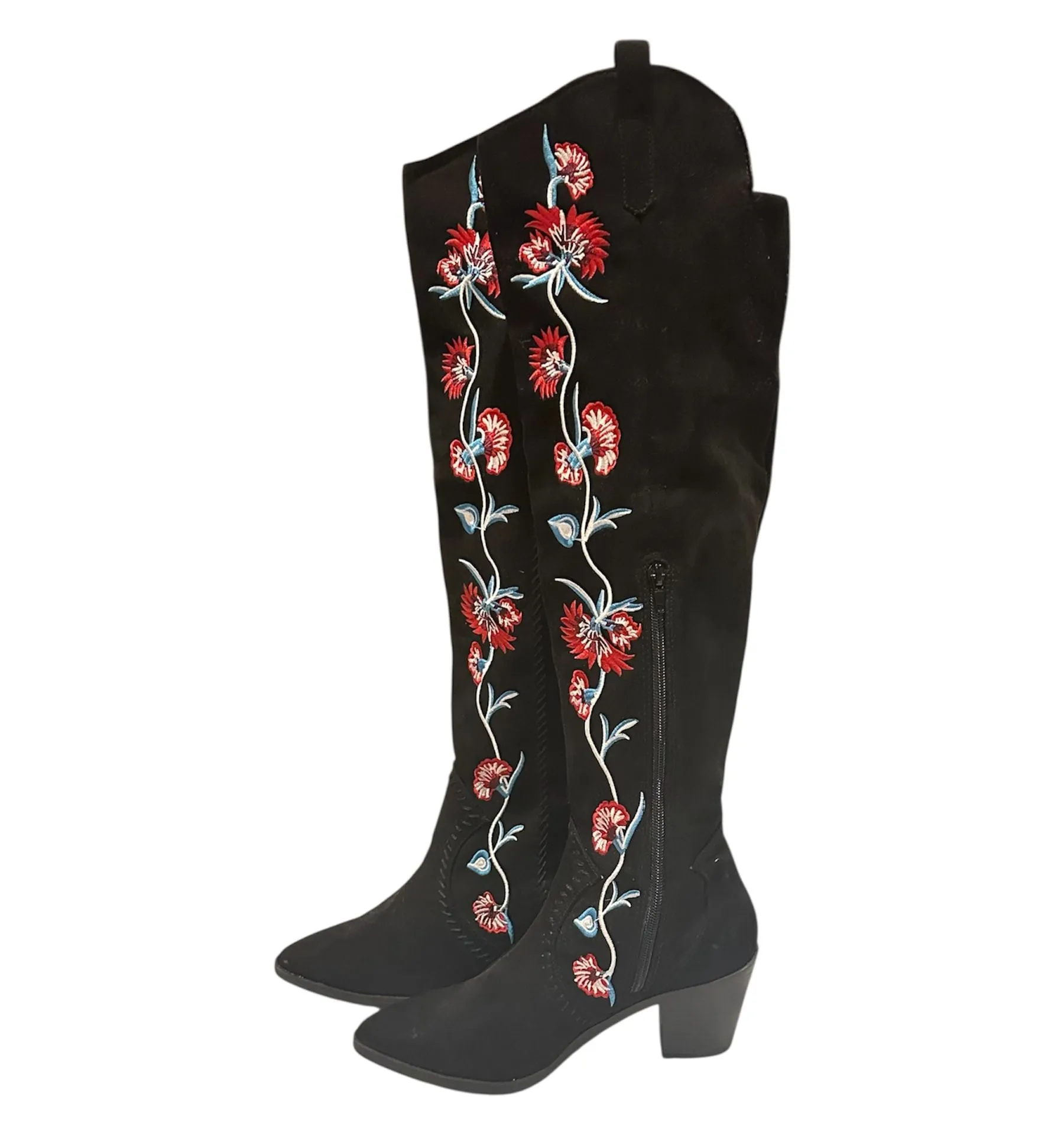 Carlos Santana Alexia Black Suede Floral Embroidered Knee High Boots 7.5 - Image 3