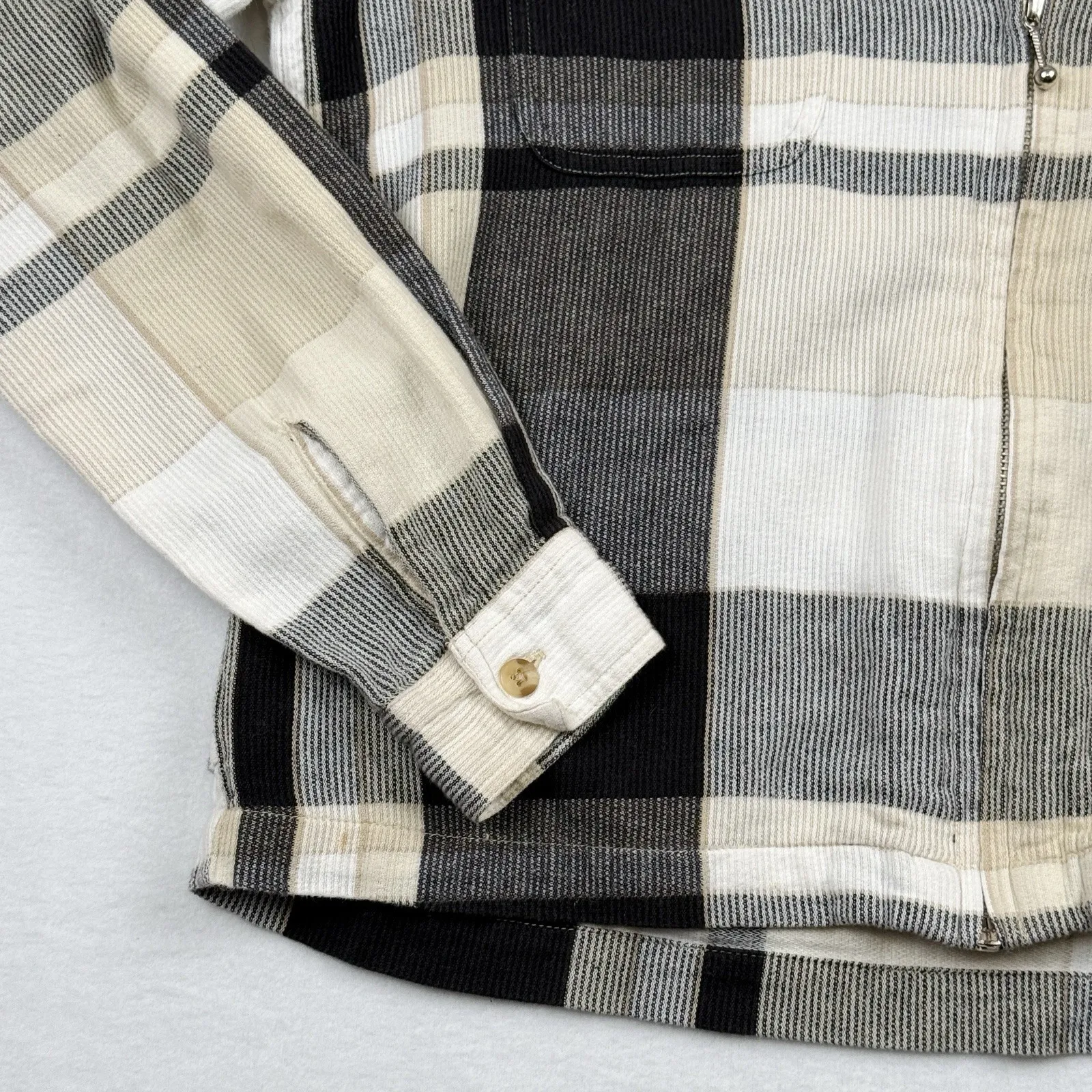 Fashion Bug Plaid Zip Front Jacket Sweater Womens Medium Black Cream Cotton - Image 2