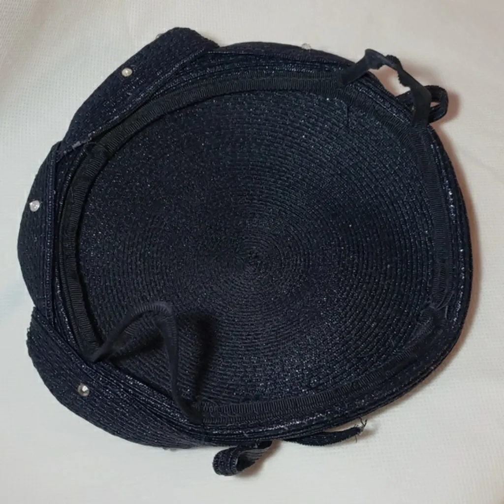 Vintage navy straw weave hat with bows and rhinestones Blue - Image 11