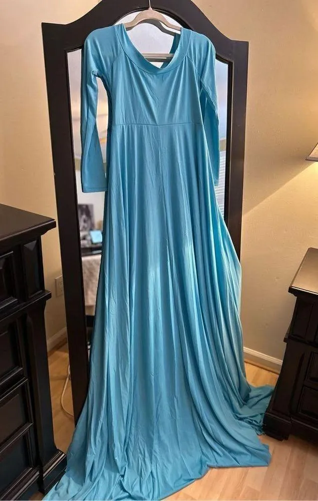 NEW Maternity Off Shoulder Half Circle Gown Photo Shoot Maxi Dress S Blue Size undefined - Image 2