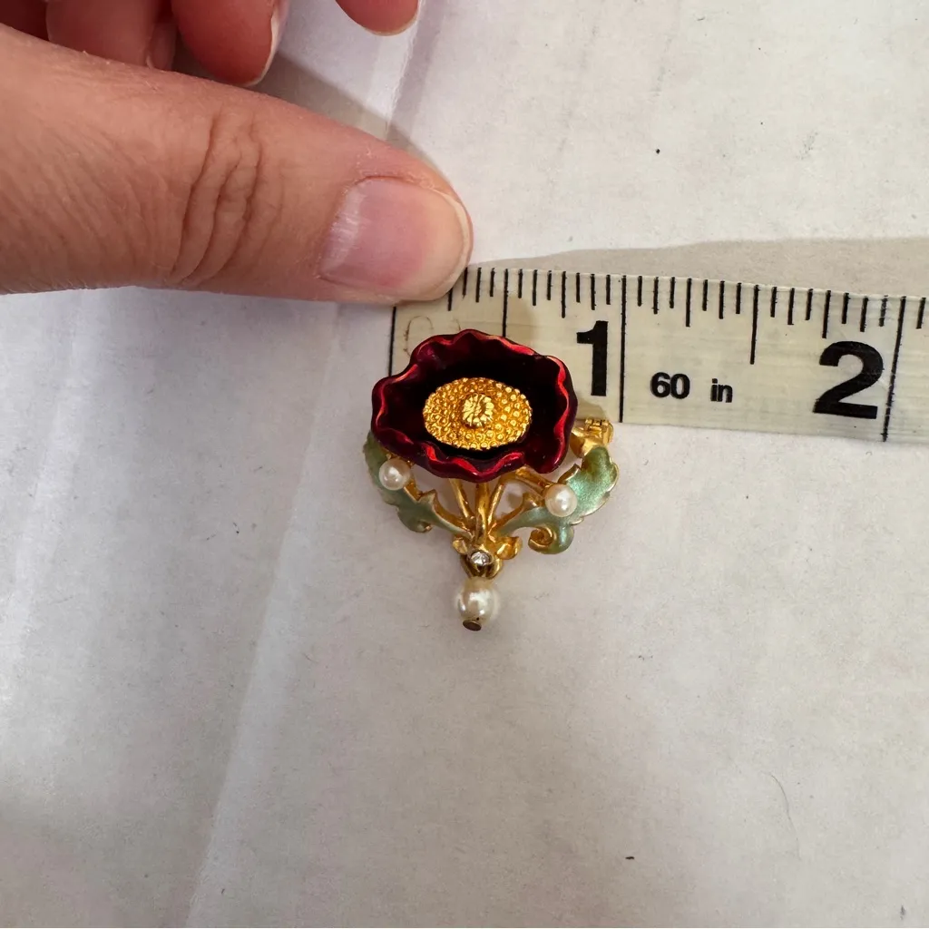 Joan Rivers Vintage Gold Tone Red Enamel Flower Brooch Women’s Estate Jewelry - Image 2