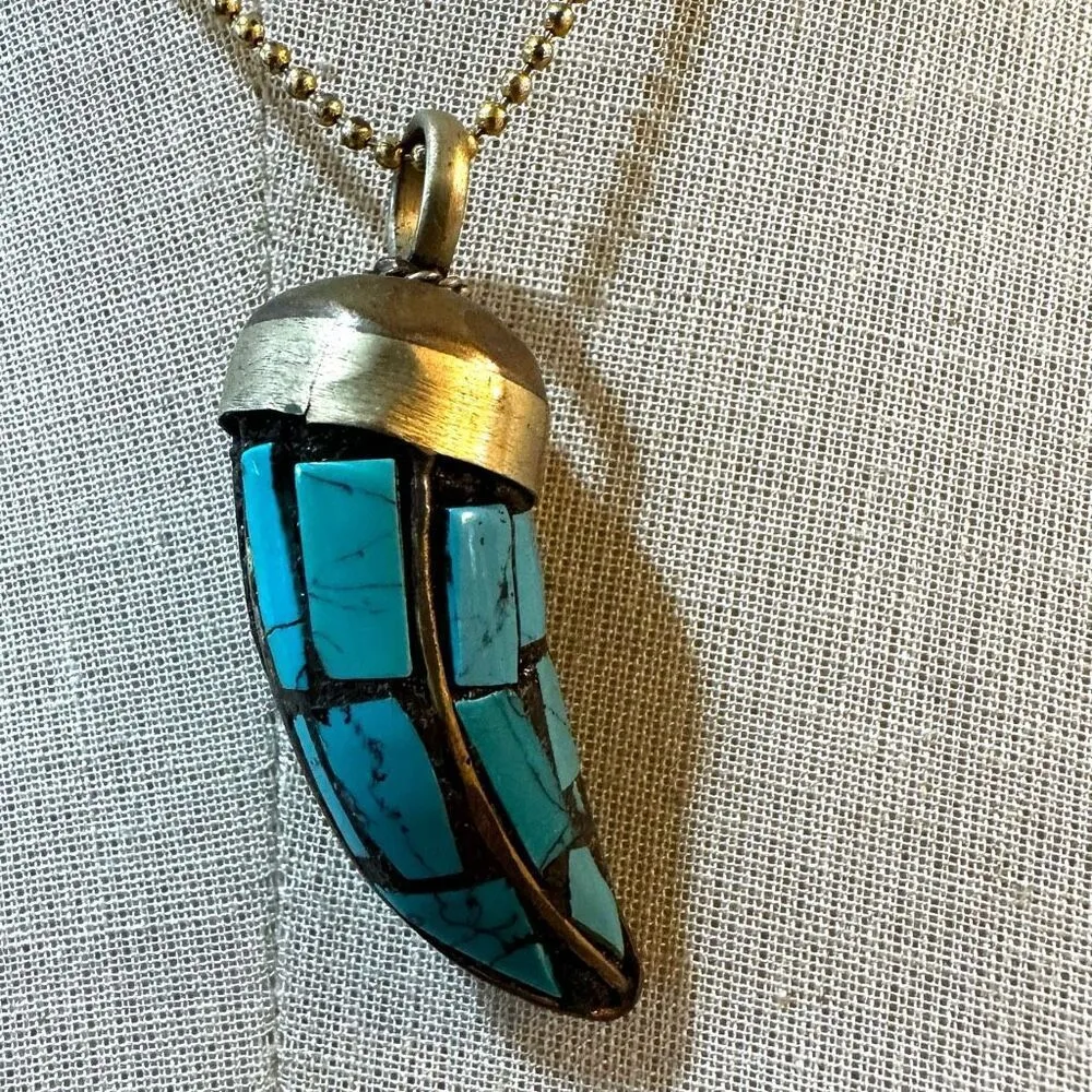 Tibetan brass mosaic Horn Pendant necklace Gold - Image 5