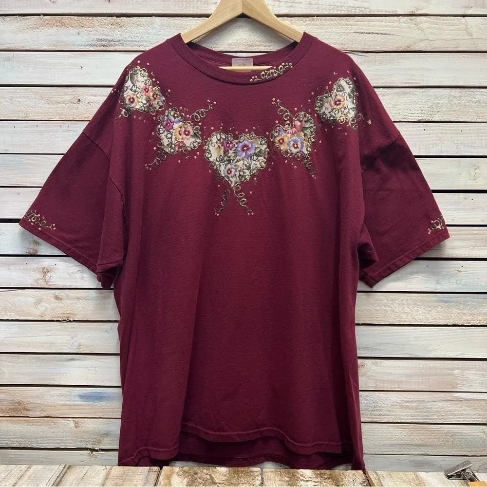 Vintage Jerzees Floral Heart Tee Romantic Graphic Cottagecore T-Shirt XL - Image 2