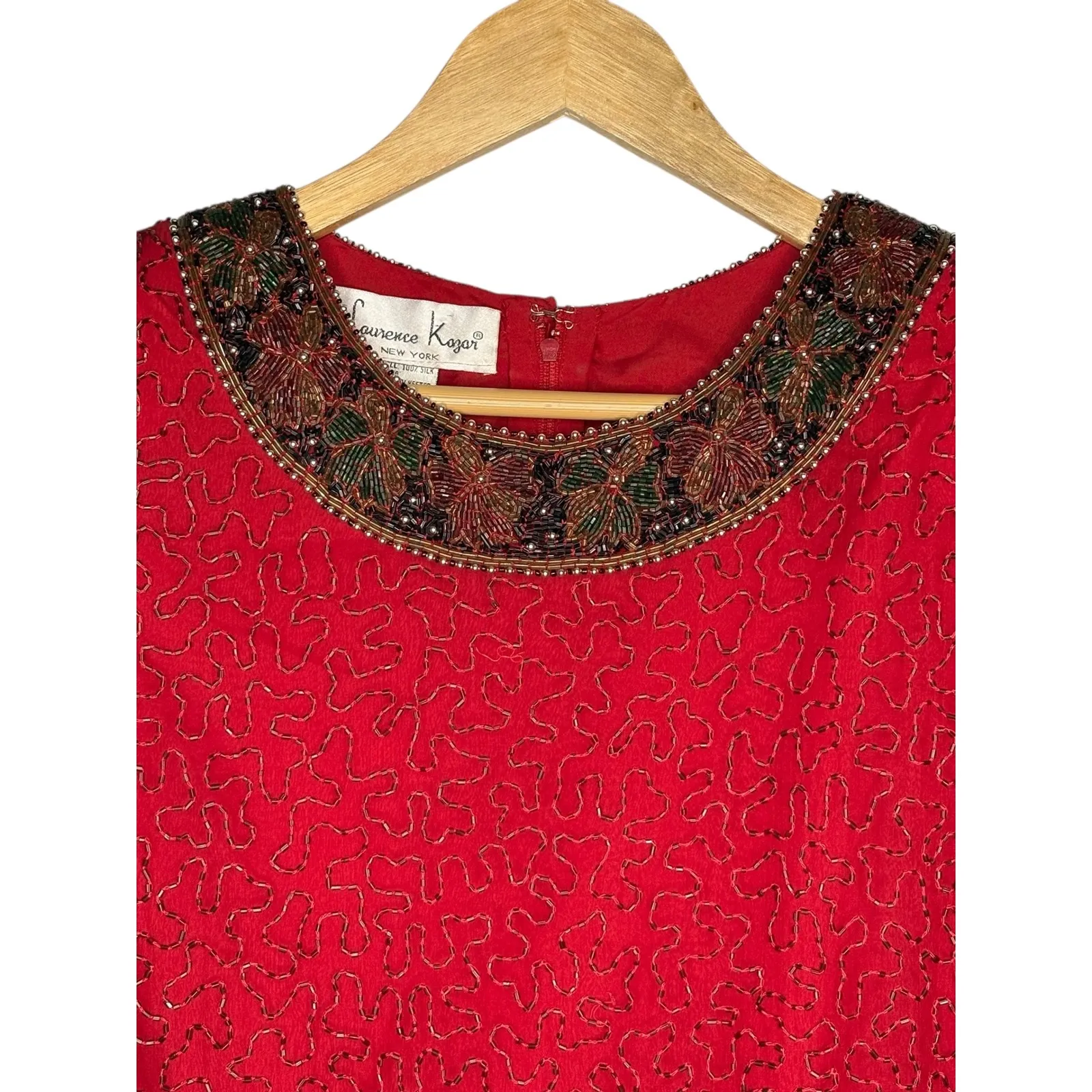Vintage Laurence Kazar Red Beaded Embellished Silk Top Women Size Petite Large - Image 3