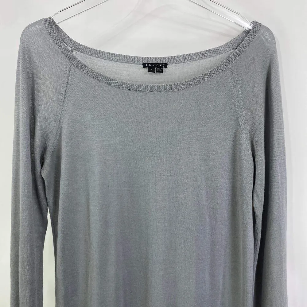 THEORY Gray Wool Silk Long Sleeve Boatneck Knit Mini Dress - Image 7