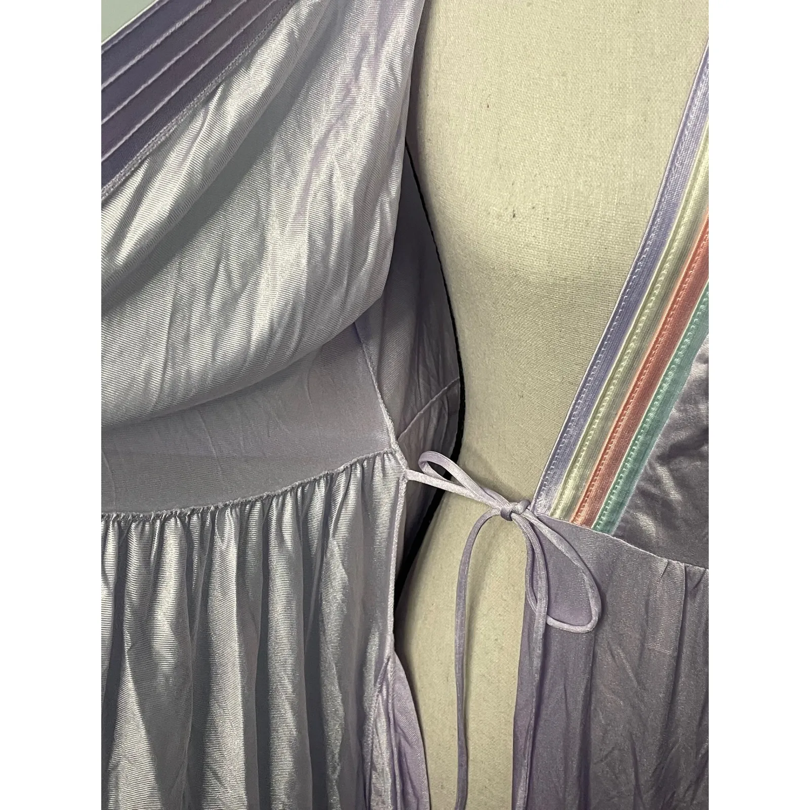Vintage Lilac Robe Long Lounge Wear Rainbow‎ Trim Belted Womens Sleepwear Purple Size M - Image 11