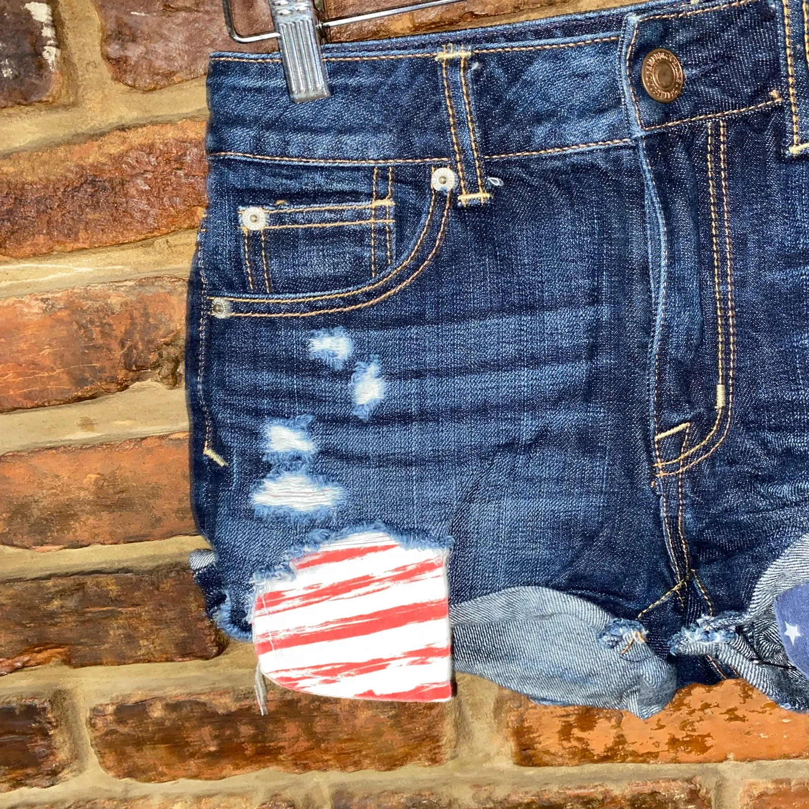 American Eagle Dark Wash Blue Denim American Flag Jean Shorts Women's Size 0 - Image 4