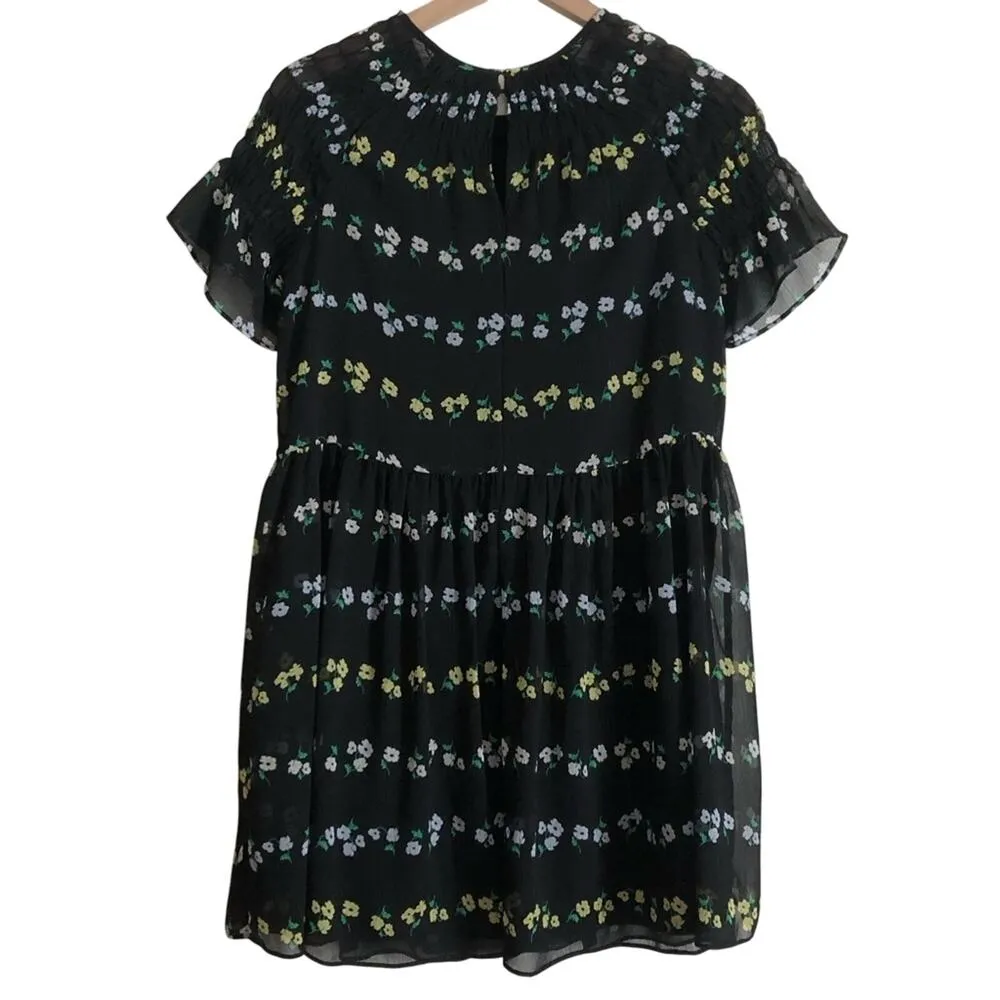 Ann Taylor Black Floral Short Bell Sleeves Lightweight Flowy Mini Swing Dress - Image 2