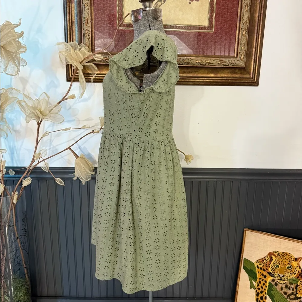 ROOLEE Olive Green Flutter Sleeve Eyelet Dress ~ Size Small 💚🍄 - Image 3