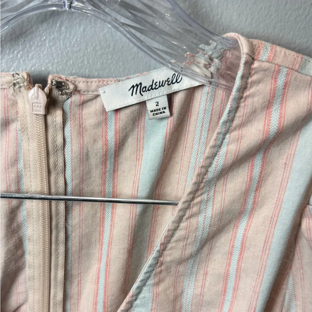 Madewell Women's Striped Puff-Sleeve Tapered Jumpsuit‎ Blue/Pink Size 2 - Image 4