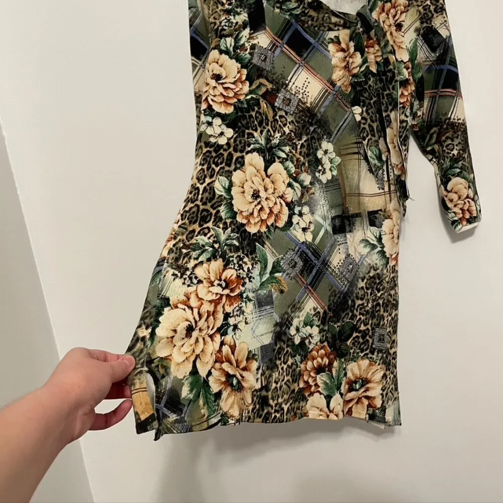 ALBERTO MAKALI Green Cream Leopard Cheetah Animal Floral Plaid 3/4 Sleeve Tunic - Image 7