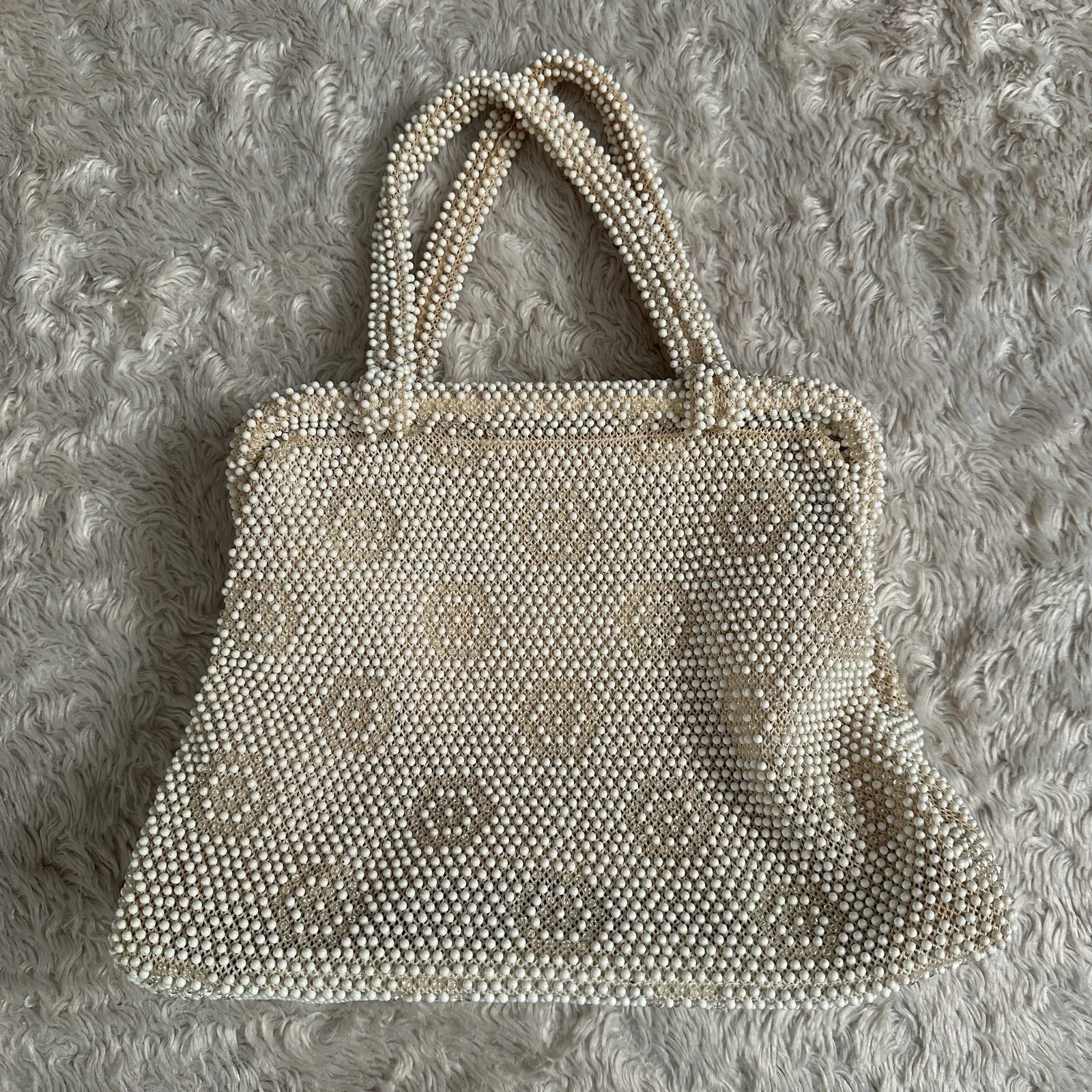 Vintage Corde Bead by Lumered Cream Ivory White Handbag Purse Candy Dot 60s - Image 3