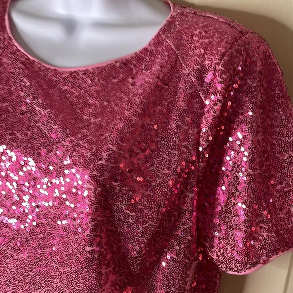 NWOT Woman's Lush Sequin Short Sleeve Crop Top In Fuchsia - Image 6