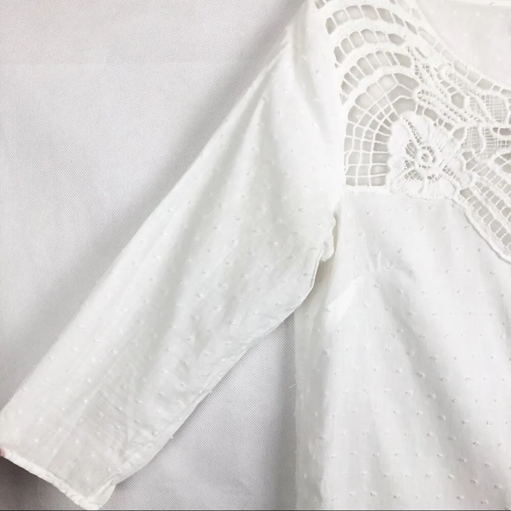 Cklass Y2K Crochet Pin Tuck Swiss Dot Womens Top S Peasant Boho Beachy Coastal White - Image 3